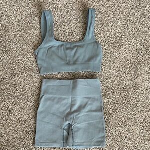 Blue Ribbed Sports Bra and Shorts Set